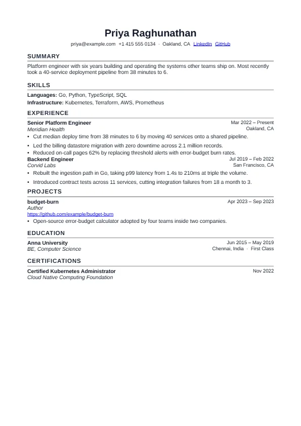 The Ensign template, rendered as a resume page