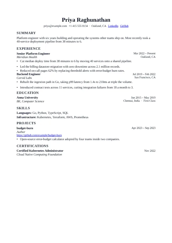 The Hansa template, rendered as a resume page