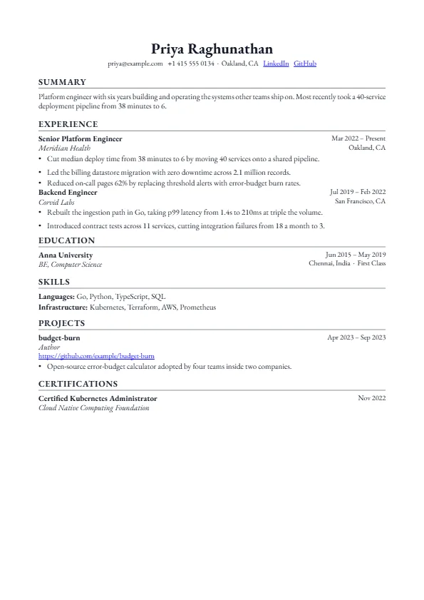 The Meridian template, rendered as a resume page