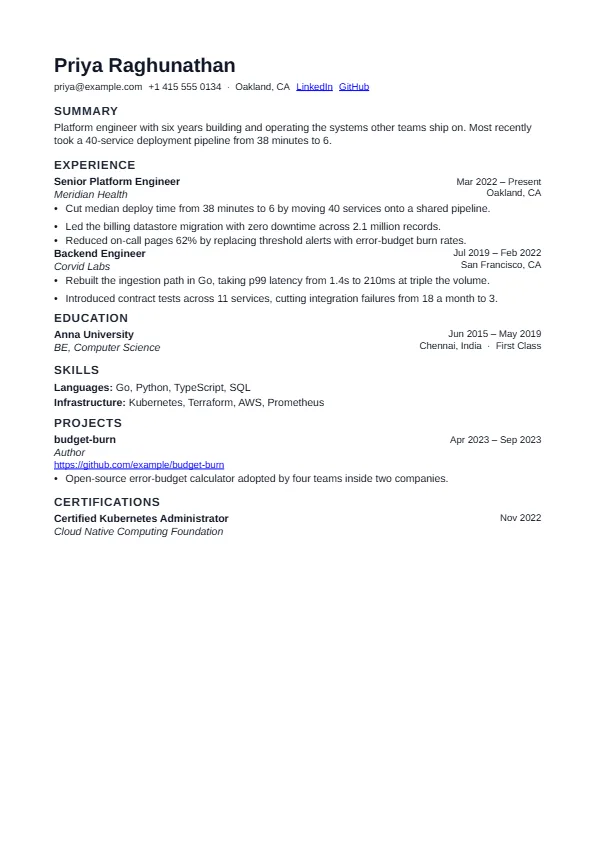 The Plainspoken template, rendered as a resume page