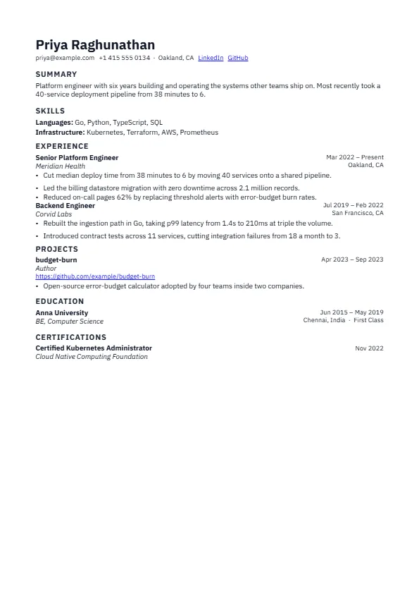 The Relay template, rendered as a resume page