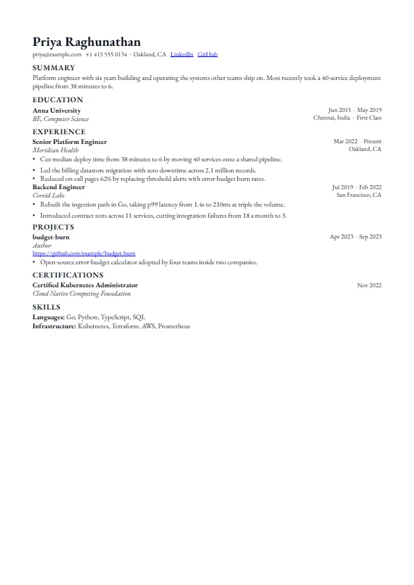 The Scholar template, rendered as a resume page