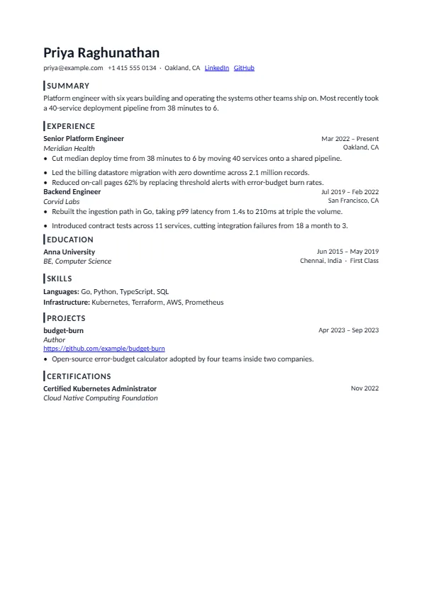 The Tasman template, rendered as a resume page
