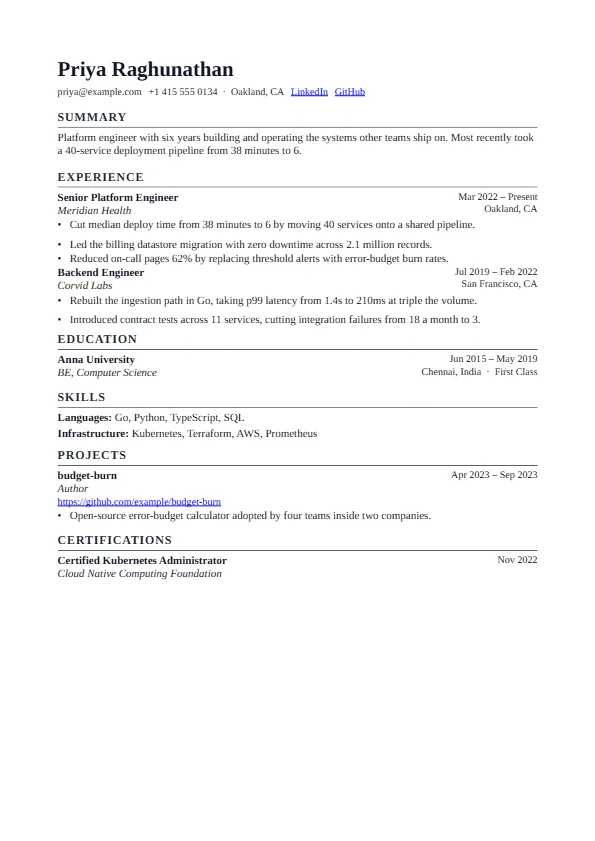 The Thames template, rendered as a resume page