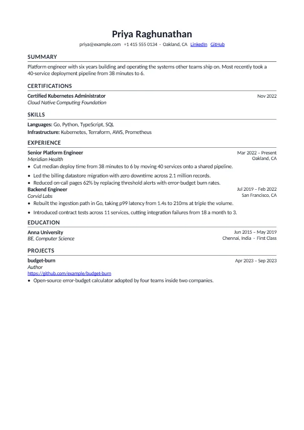 The Vitals template, rendered as a resume page