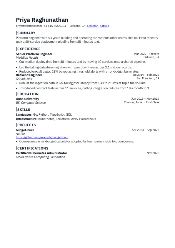 The Workbench template, rendered as a resume page